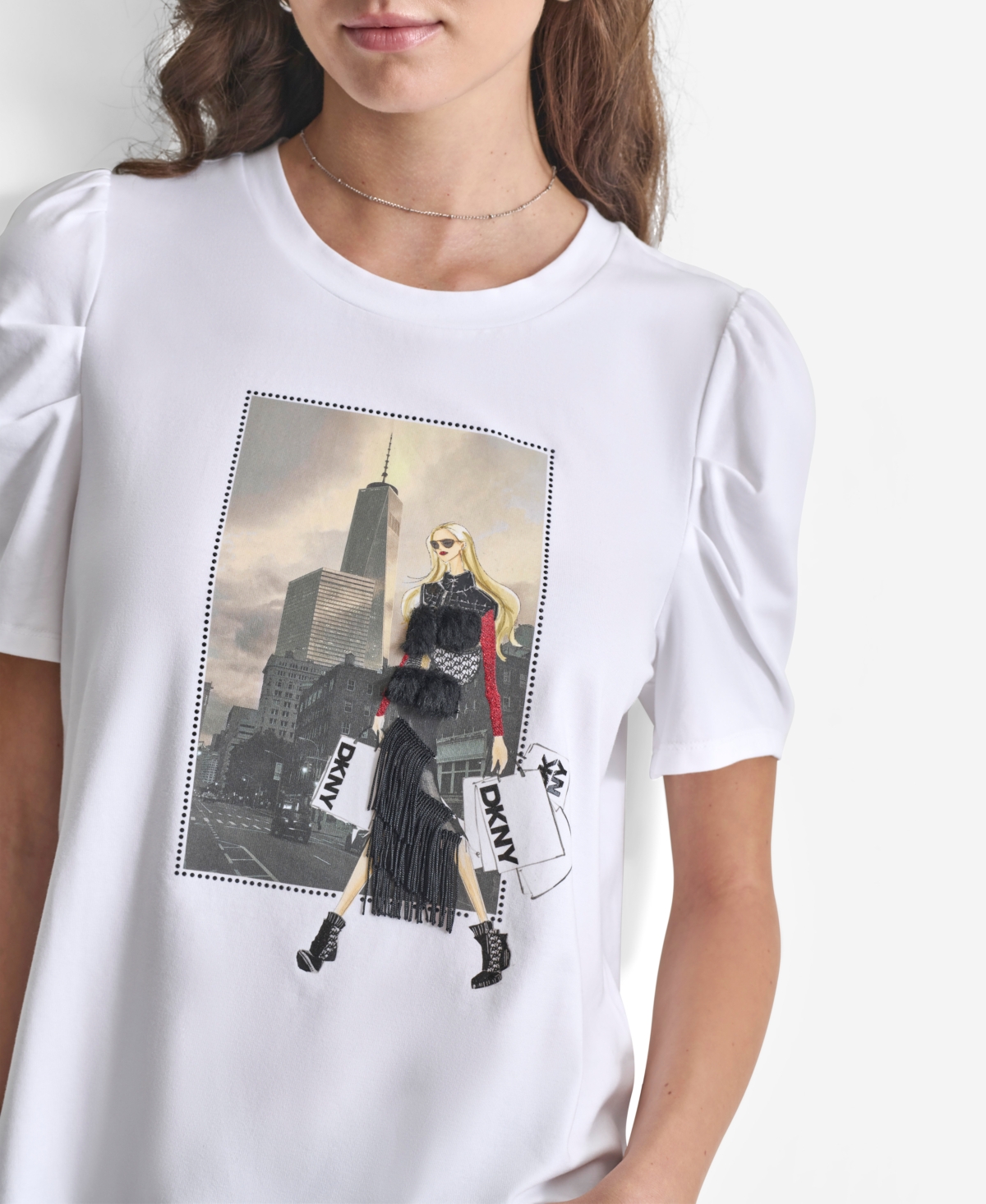 Dkny Women's Crewneck Fashion-Graphic Puff-Sleeve Top