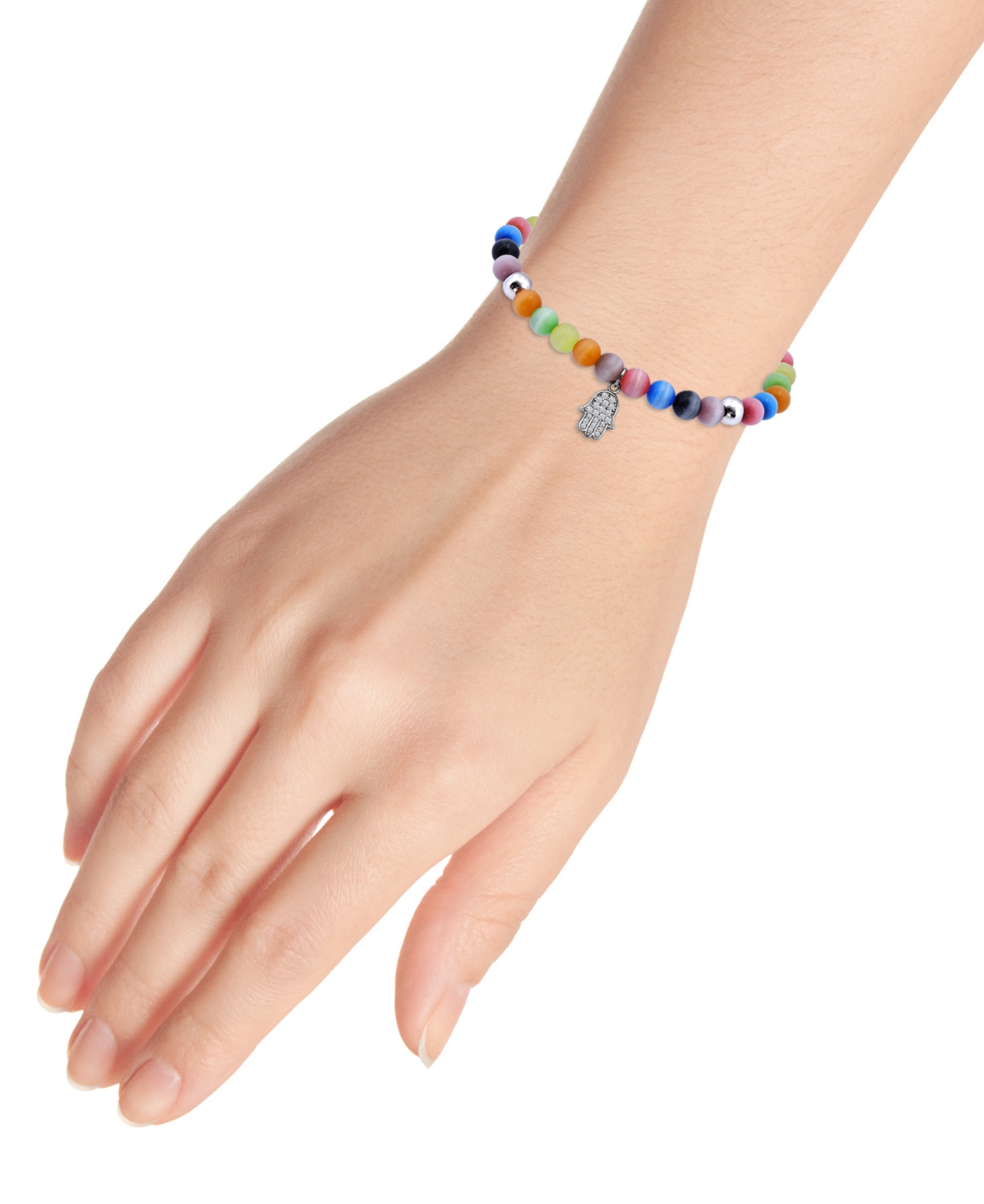 Giani Bernini Cubic Zirconia & Catseye Bead Hamsa Hand Charm Stretch Bracelet in Sterling Silver, Created for Macy's - Cats-Eye