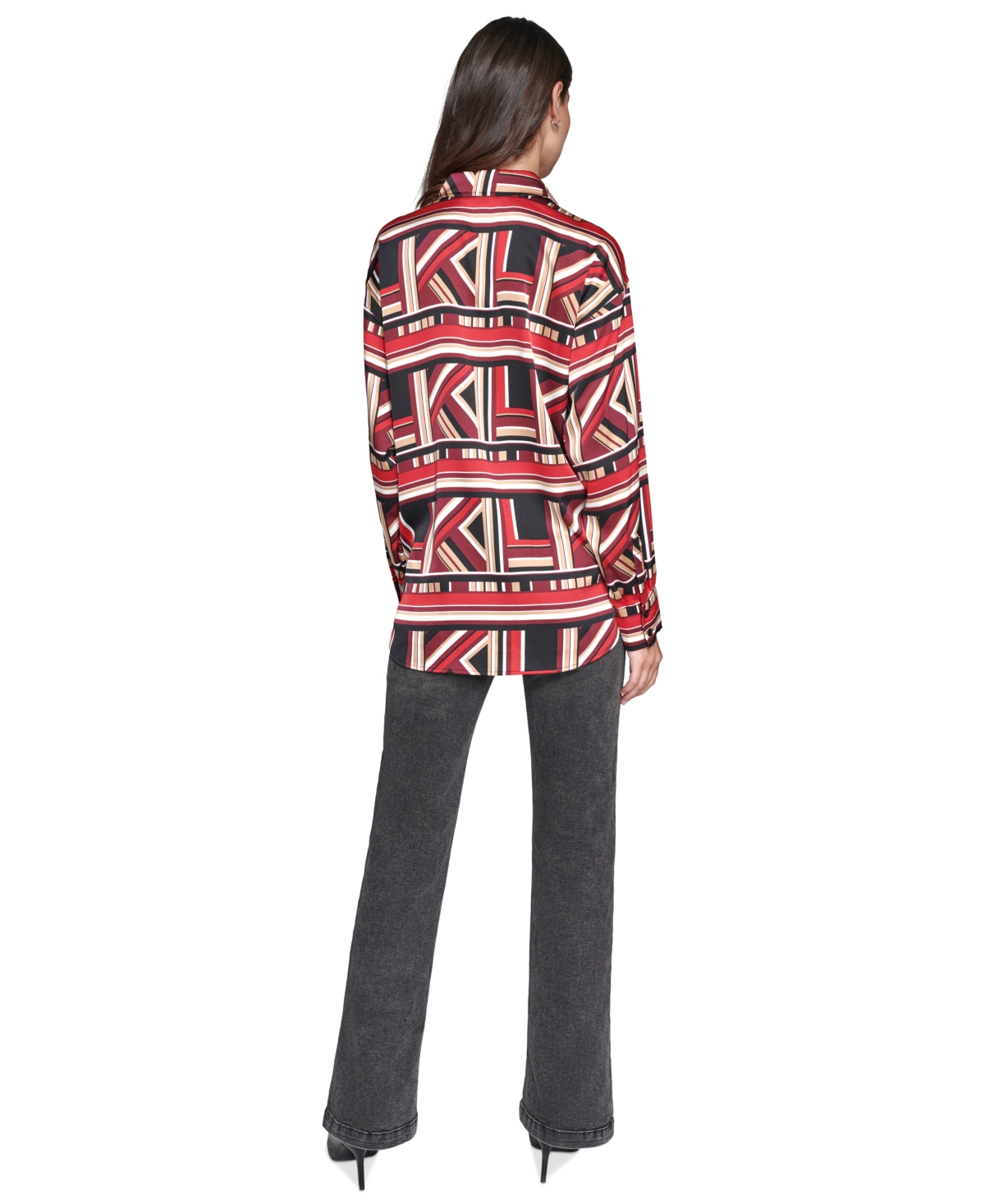 Karl Lagerfeld Paris Women's Oversized Geo-Printed Satin Button-Front Top - Black  Admiral Red