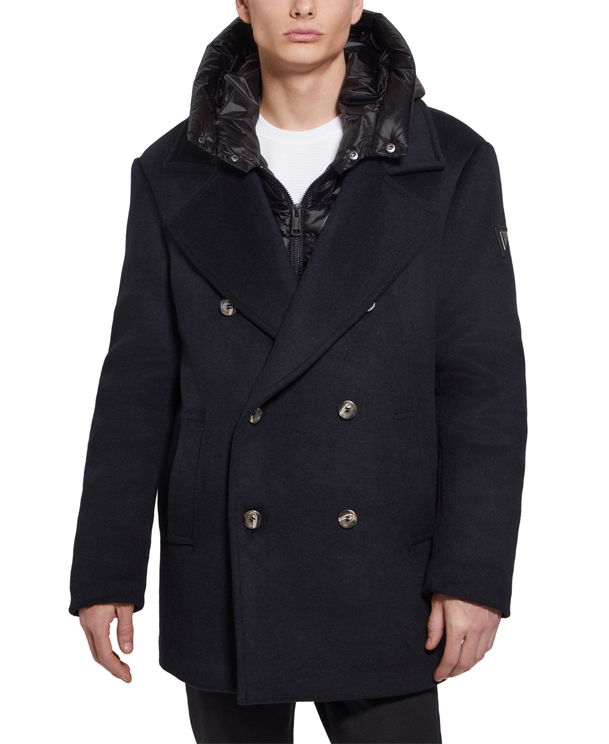 Guess Men's Peacoat With Removable Nylon Hooded Inset In Navy Sea