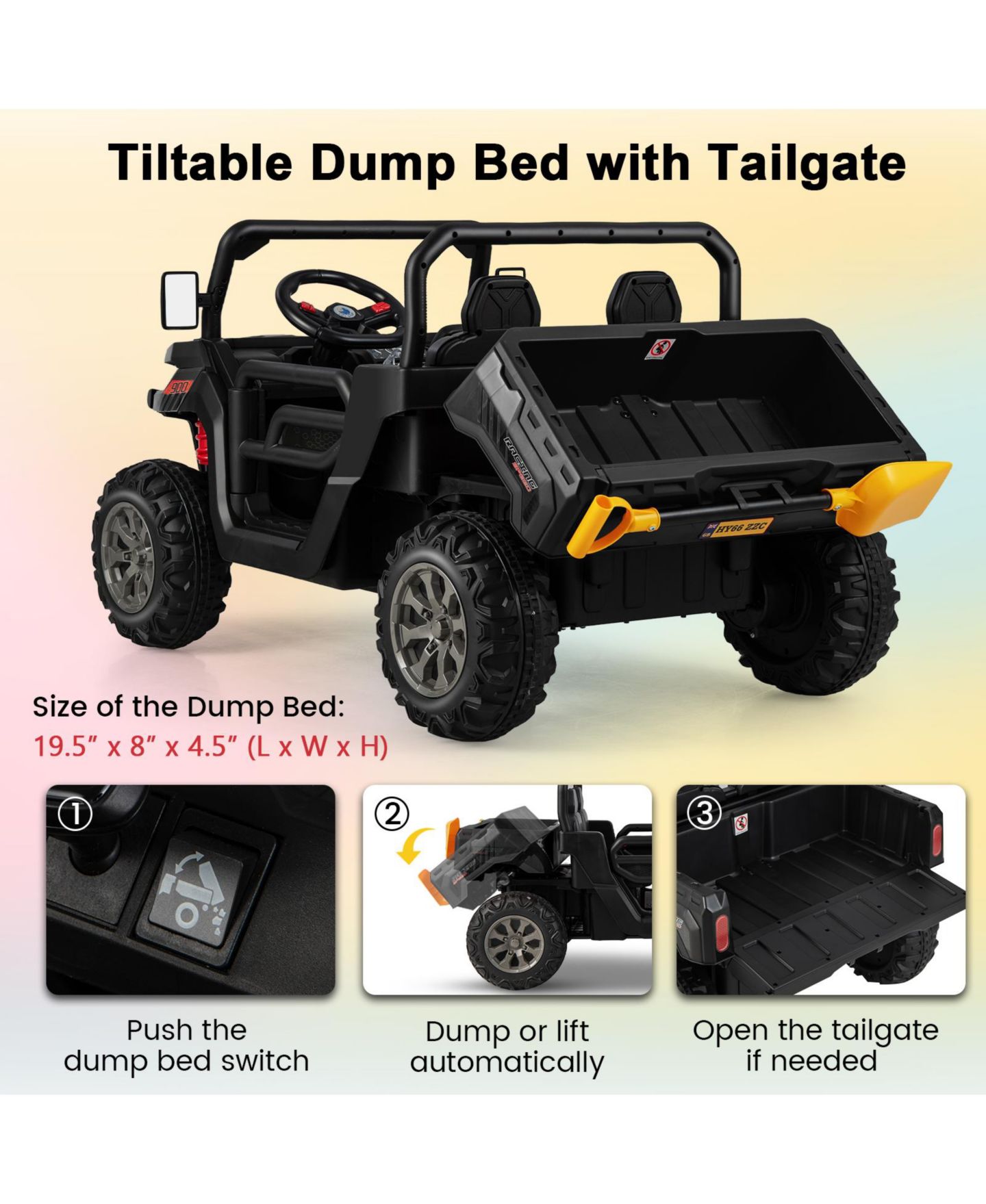 Детская игрушка SUGIFT 2-Seater Ride-On Dump Truck with Dump Bed and Shovel, 110 lbs Capacity, Ages 3+, цвет: Чёрный — фото 8