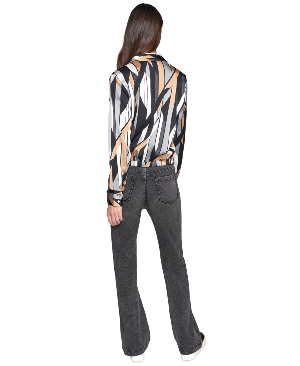 Karl Lagerfeld Paris Women's Geo-Printed Faux-Wrap Satin Top - Black  Silver