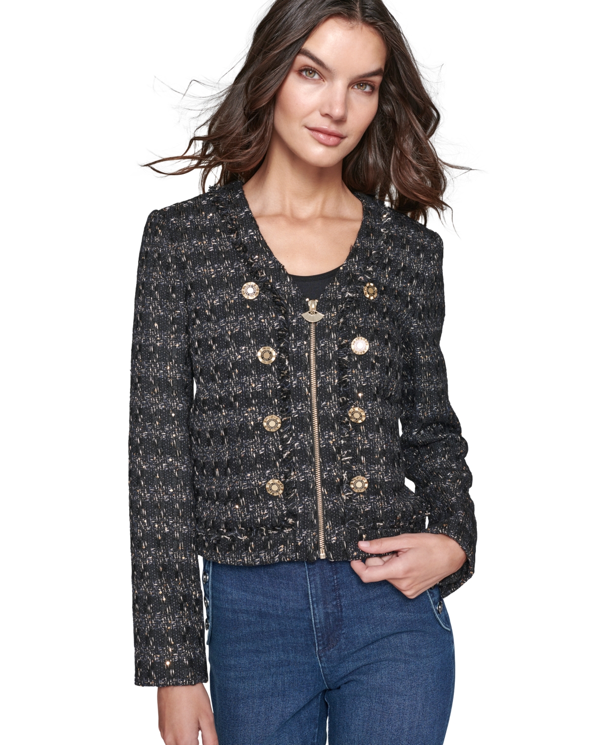 Karl Lagerfeld Paris Women's Tweed Jacket - Black  Gold