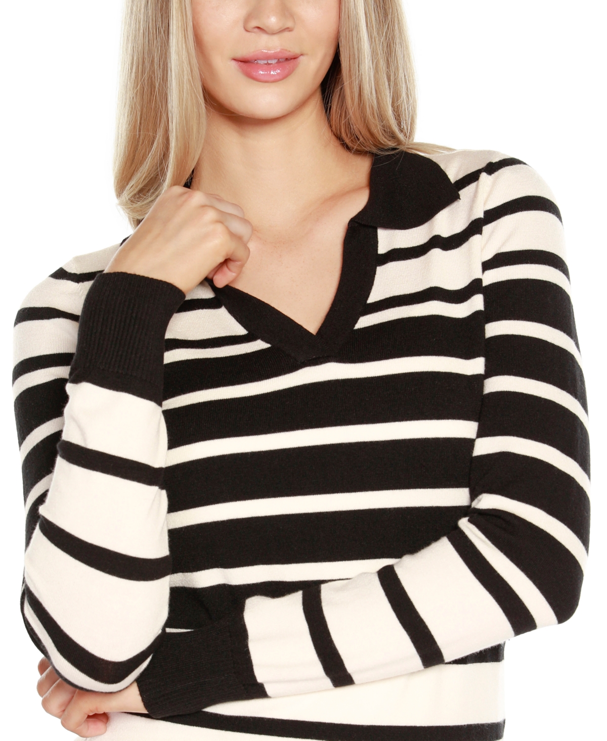 Belldini Women's Striped Johnny Collar Sweater -Ecru