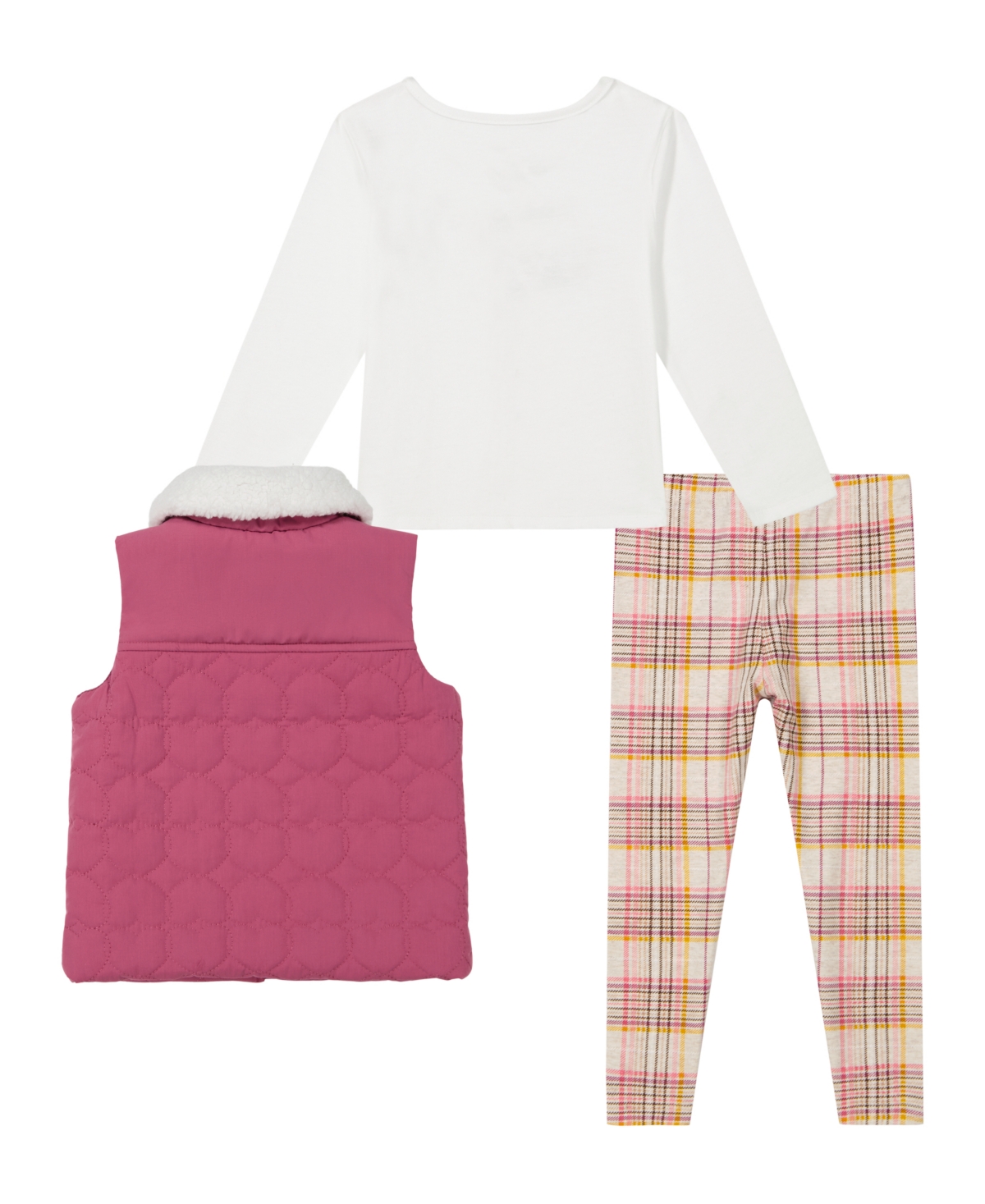 Kids Headquarters Baby Girl Sherpa Trim Vest Plaid Legging Set, 3-Piece Set -Egret/Plaid