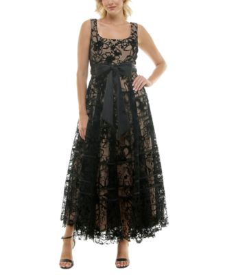 Taylor - Women's Floral-Velvet Satin-Tie Square-Neck Gown