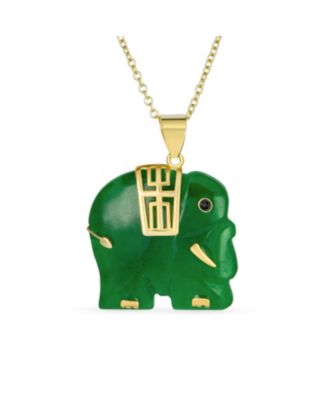 Bali Style Tribal Longevity Green Natural Jade Indian Elephant Pendant Necklace Gold Plated Sterling Silver 18 Inch