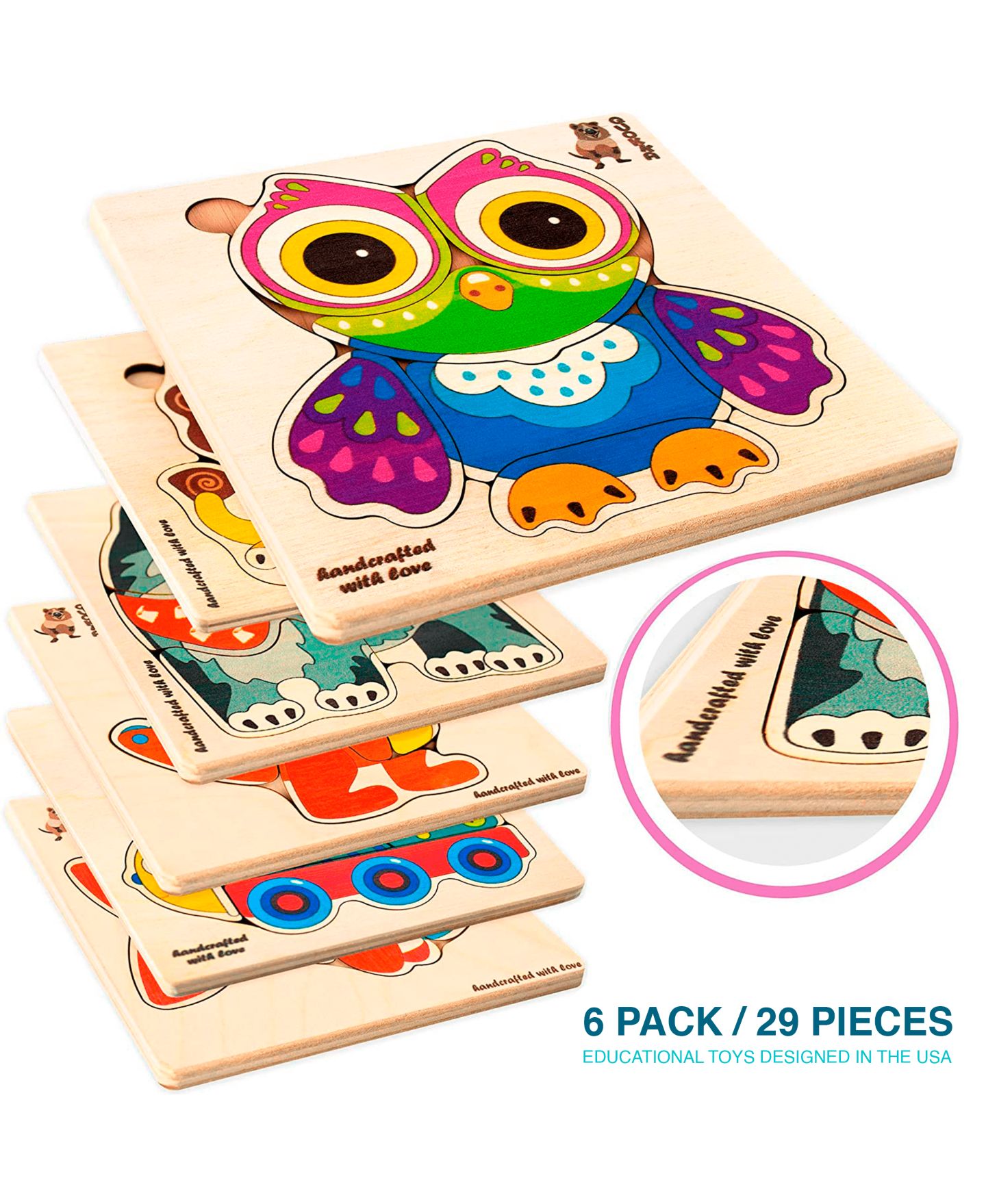 Детские игрушки Quokka Wooden Montessori Puzzles, 6-Piece, Ages 1+, цвет: Cartoonish Animals — фото 4