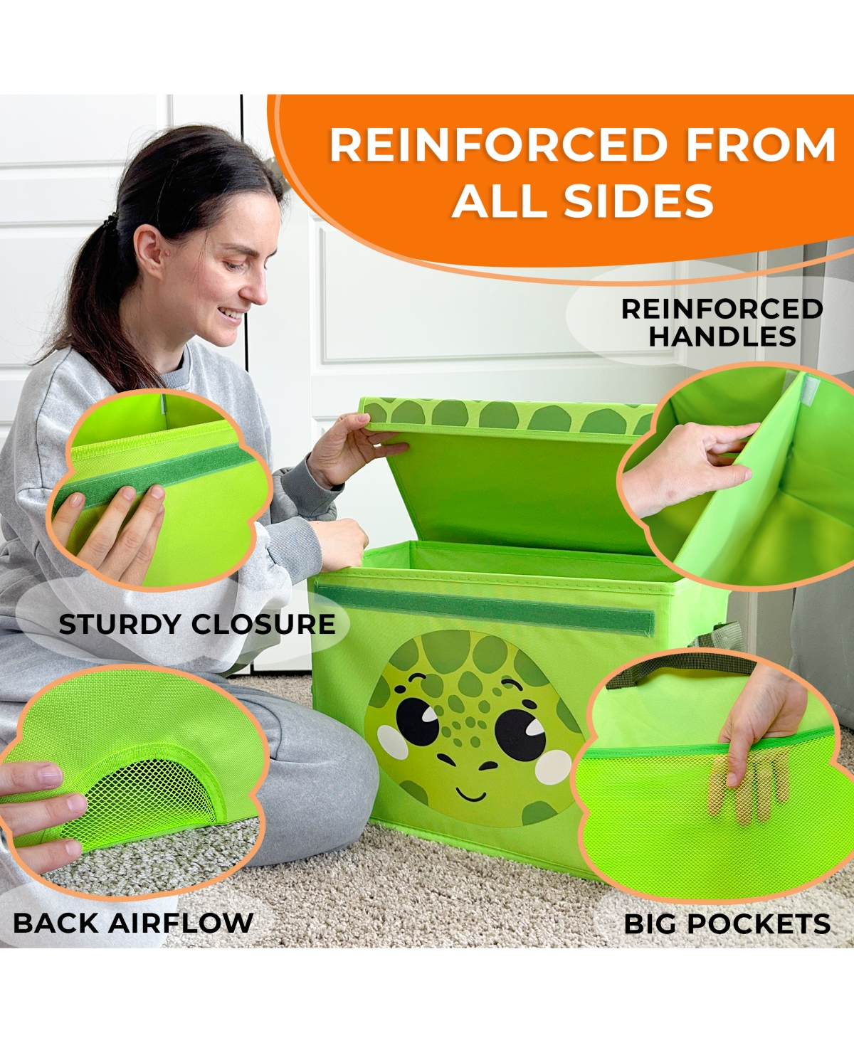 QuokkaToy Chest Collapsible Organizer for Kids with Handles & Flip-Top Lids - Turtle