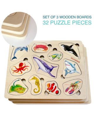 3xSET Wooden Montessori Puzzles for Toddlers 1-3 – Learning Realistic Animals