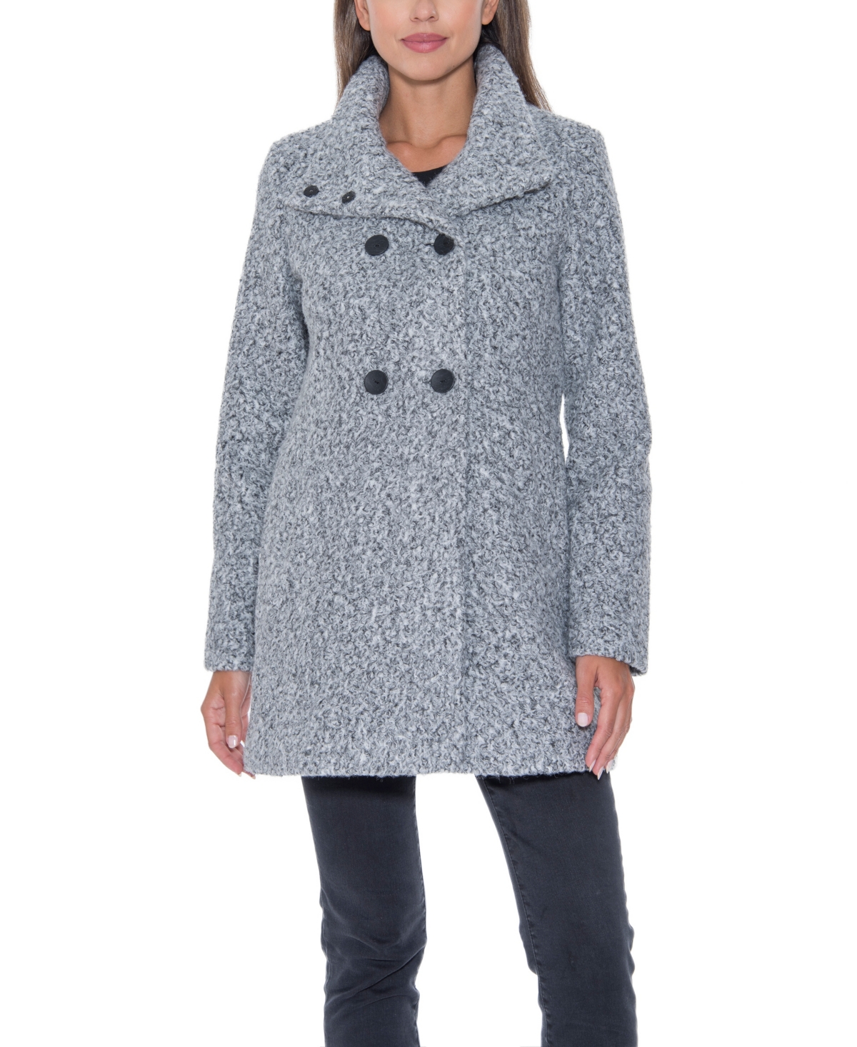 Sebby Collection Women s Boucle Double Breasted Walking Coat Grey white Smart Closet