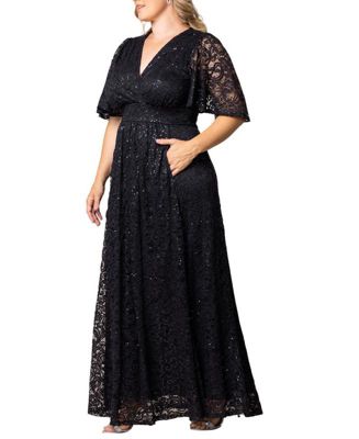 Plus Size Luminous Sequin Lace Evening Gown with Pockets