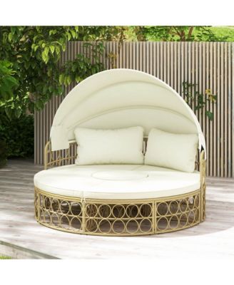 Outdoor Patio Round Daybed with Retractable Canopy Soft Cushions for Garden