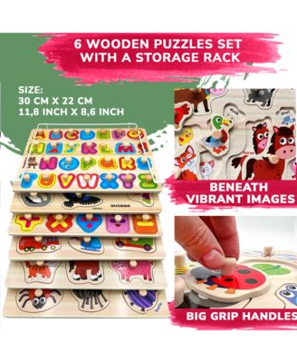 6X Wooden Puzzles for Toddlers 1-3 with Rack - Alphabet, Numbers, Animals