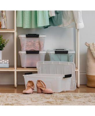 USA 13 Qt Stackable Plastic Storage Bins with Lids, 4 Pack - BPA-Free, Made in USA - Discreet Organizing Solution, Latches, Durable Nestable Containers, Secure Pull Handle - Pearl