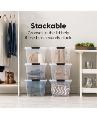 6 Pack 32qt Clear View Plastic Storage Bin with Lid and Secure Latching Buckles