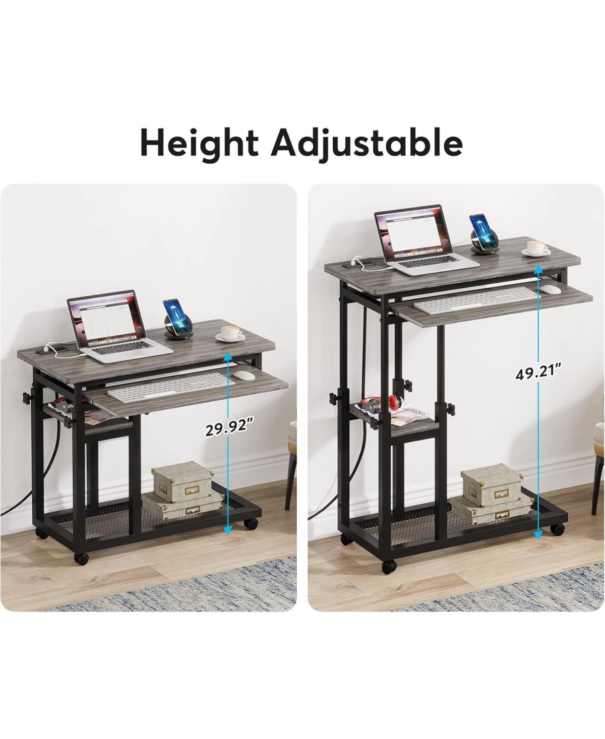 Tribesigns Portable Desk with Power Outlet, Height Adjustable Sofa Couch Bedside Laptop Table with Wheels, Mobile Standing Desk Rolling Computer