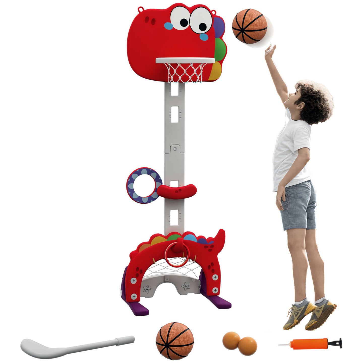 Детская игрушка Qaba Dinosaur-Themed 5-in-1 Kids Basketball Hoop, Height-Adjustable 4.4-5 ft, Ages 3-6 — фото 1
