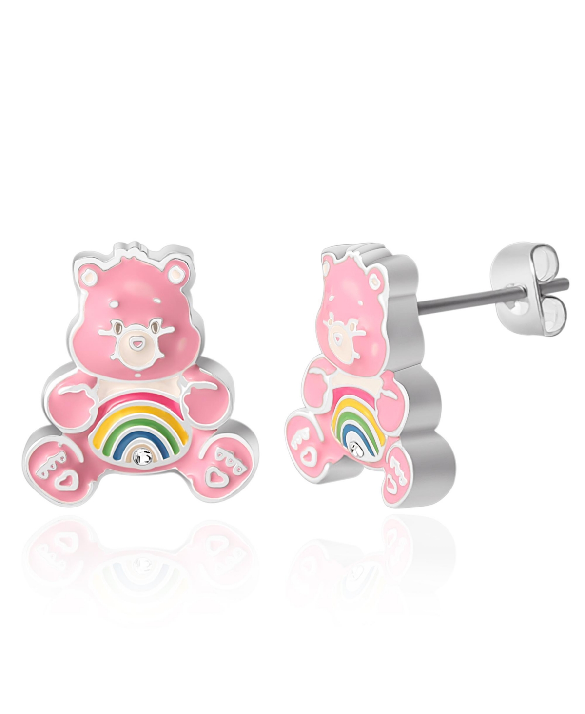 Cheer Bear 3D Stud Earrings - Pink, silver tone