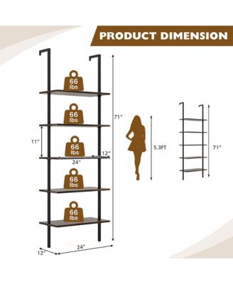 2 PCS 5 Tier Ladder Shelf 71'' Wall-Mounted Bookshelf Display Storage Organizer