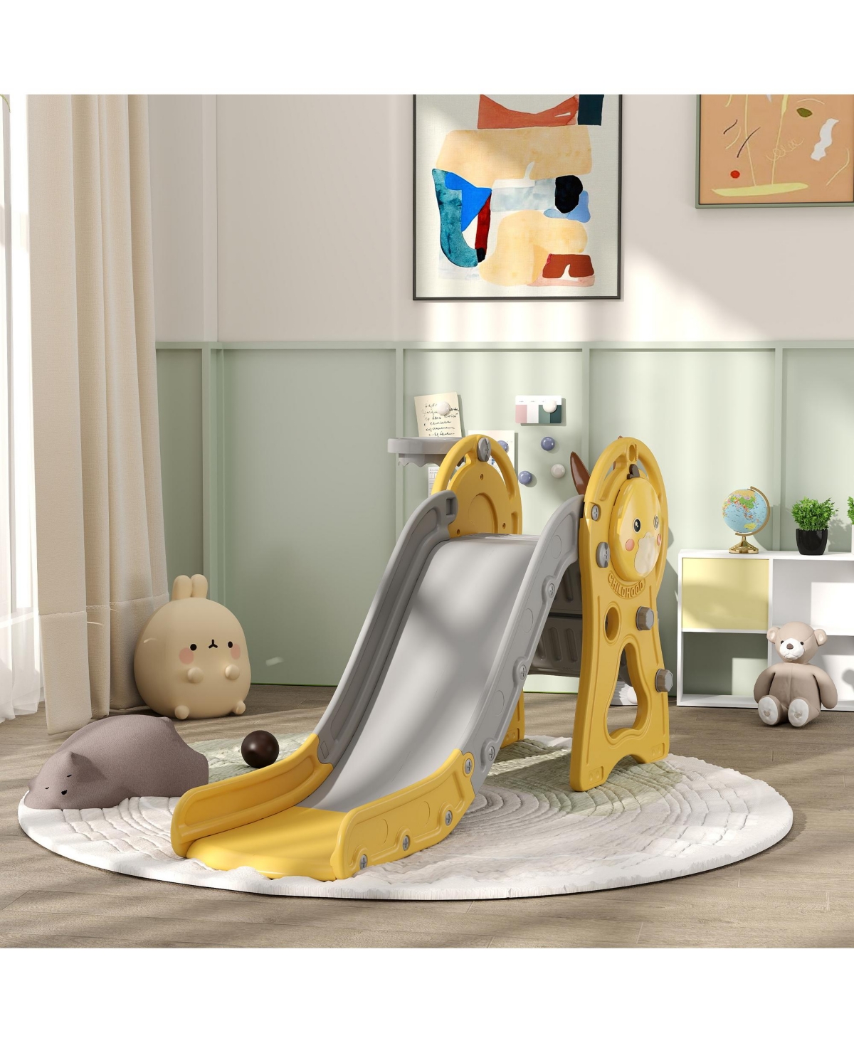 Qaba 1 Toddler Slide with Basketball Hoop for Kids 1-3 Years,- Yellow