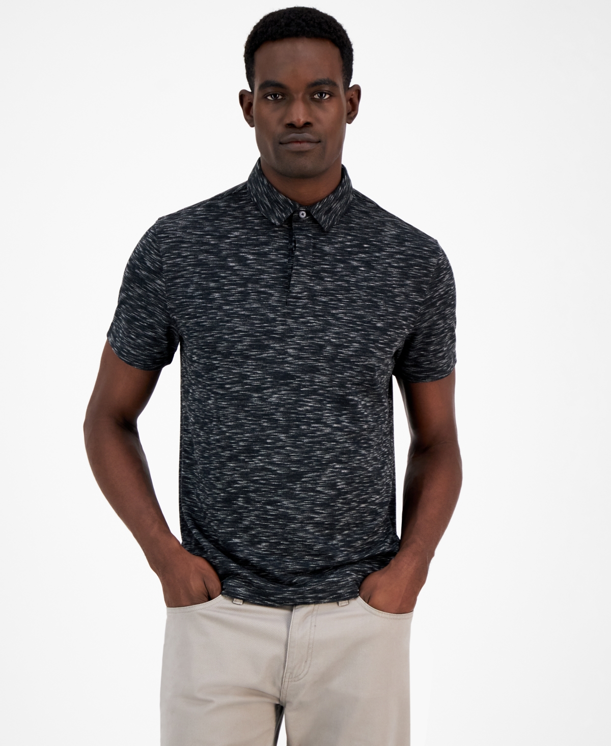 Alfani Alfatech Short Sleeve Marled Polo Shirt, Created For Macy's In Deep Black