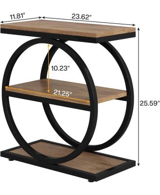 Narrow End Table with 3 Storage Shelves, Wood Side Table with Black Metal Frames, Industrial Sofa Side Table, Nightstand and Bedside Table