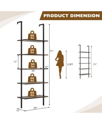 5 Tier Ladder Shelf 71'' Height Wall-Mounted Bookshelf Display Storage Organizer