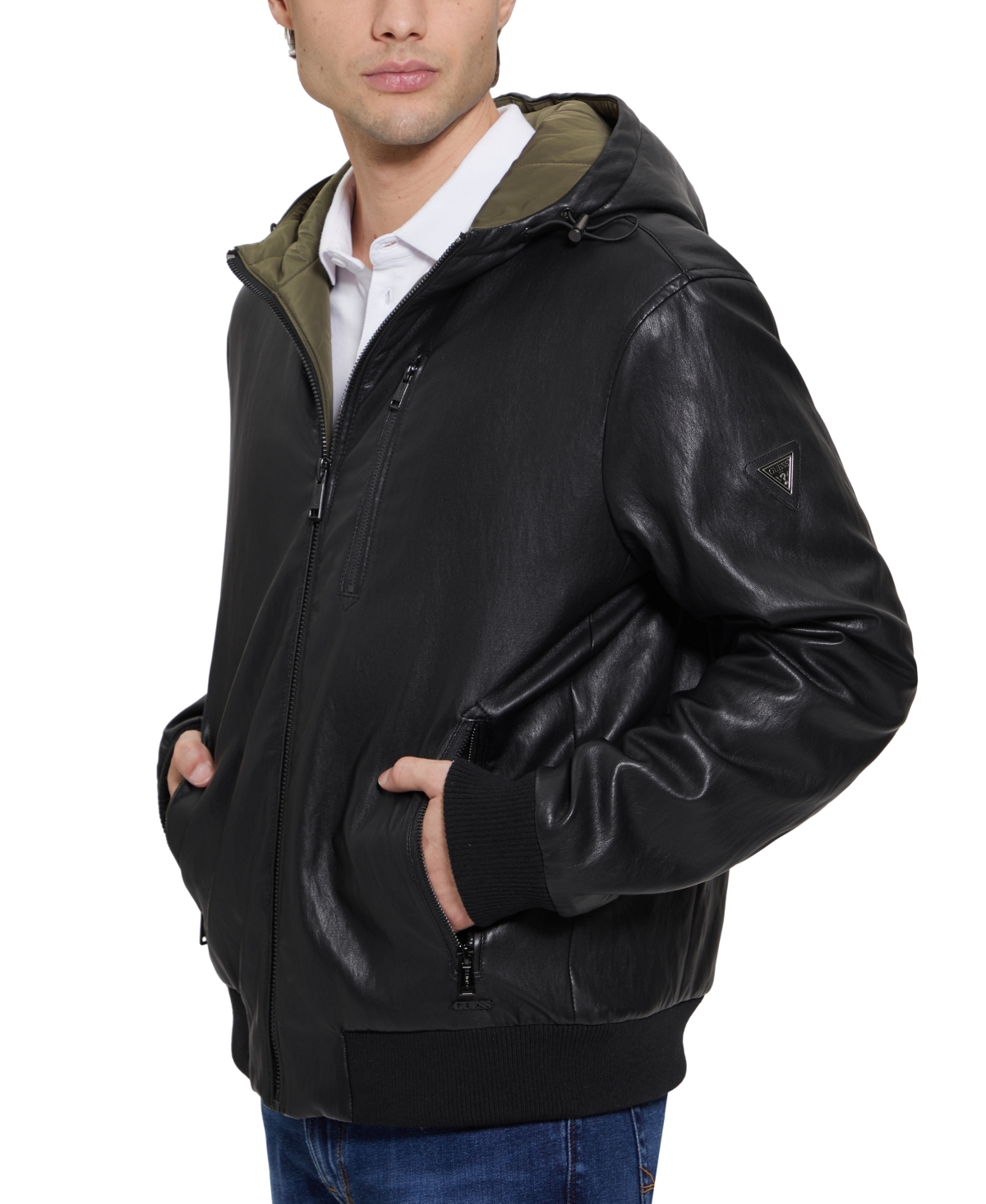 Guess Men's Gary Faux Leather Hooded Jacket In Jet Black