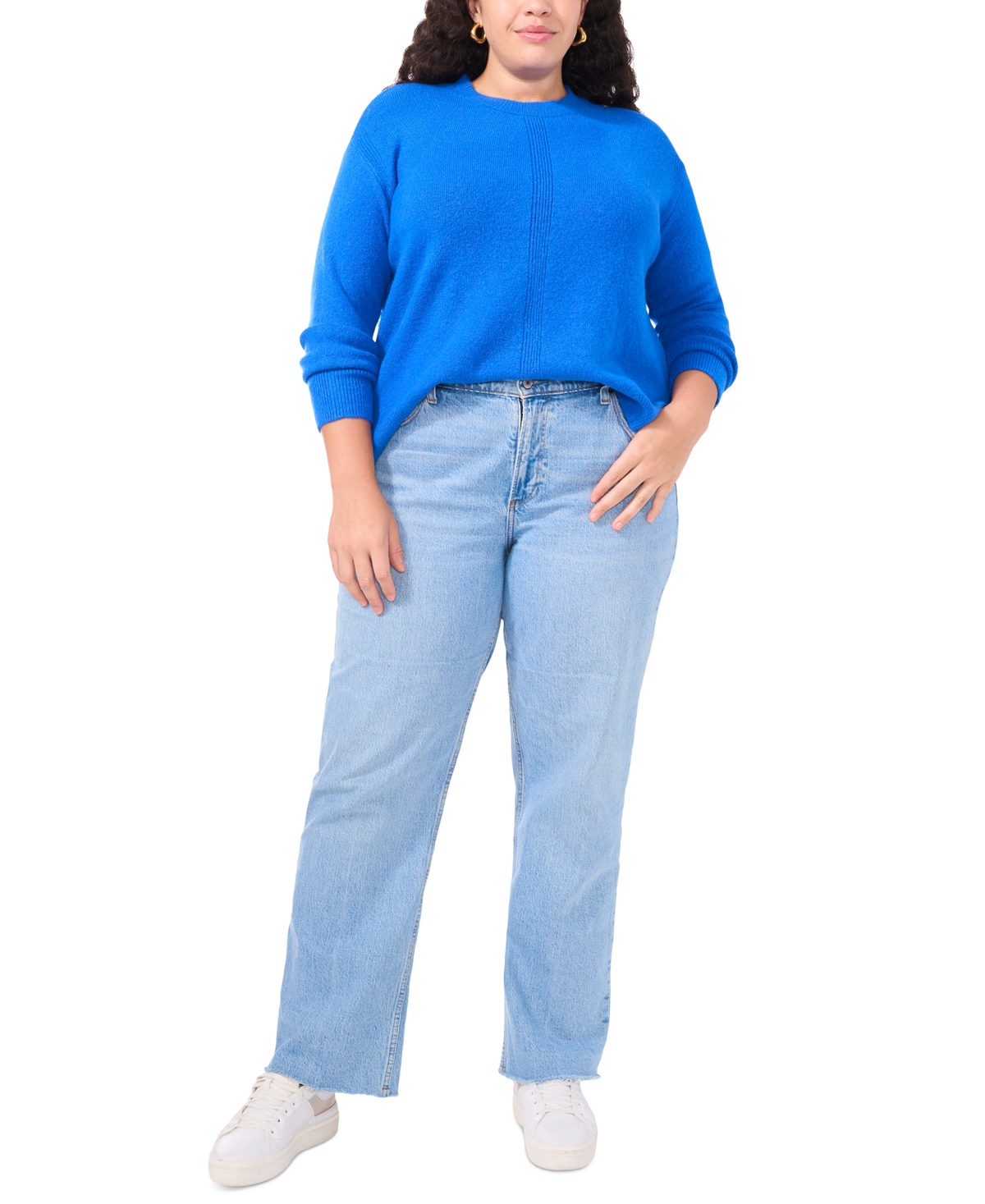 Shop Vince Camuto Plus Size Ribbed-front Crewneck Sweater In Bright Blue