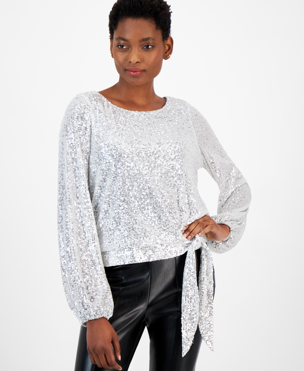 Women's Sequinned Tie-Hem Blouson-Sleeve Top - Silver