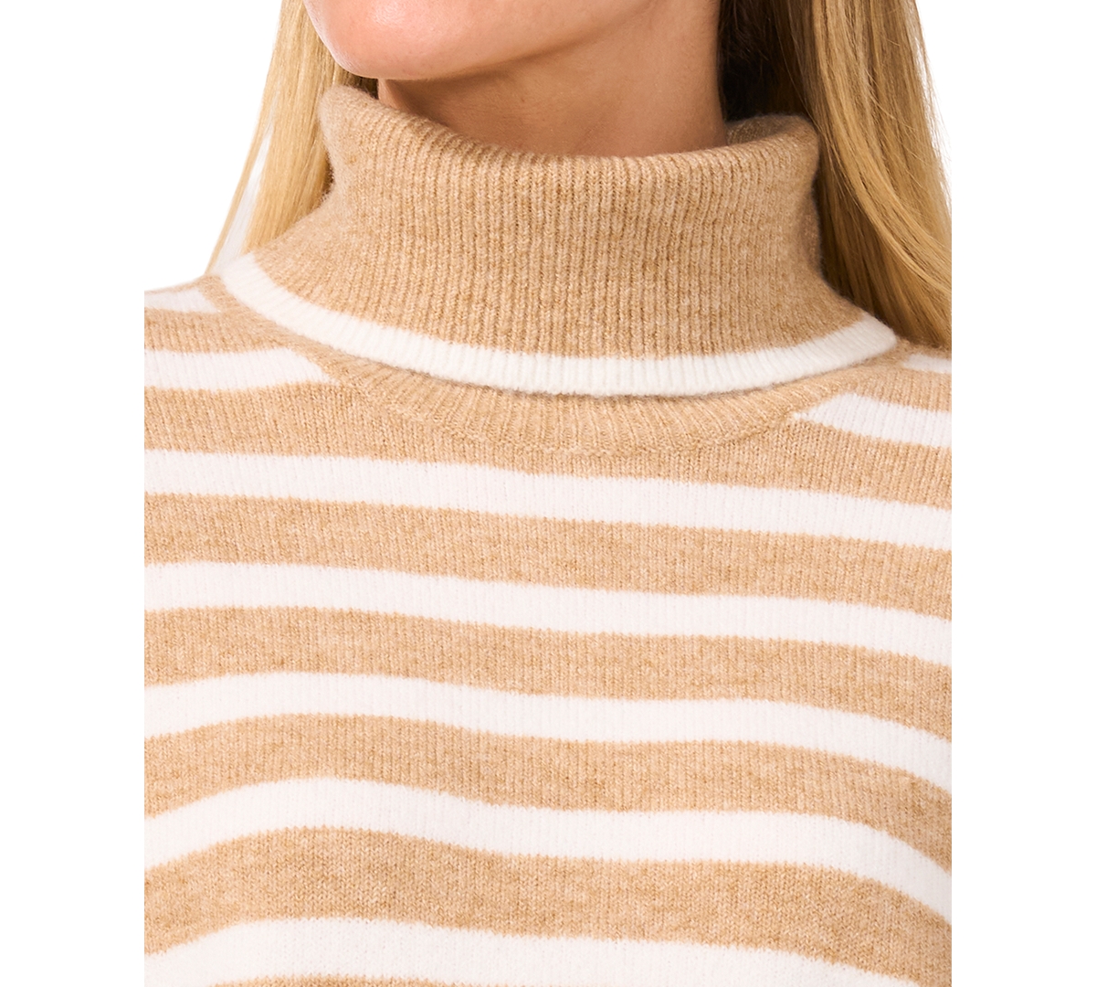 Cece Women's Striped Long Sleeve Turtleneck Sweater In Latte Heather