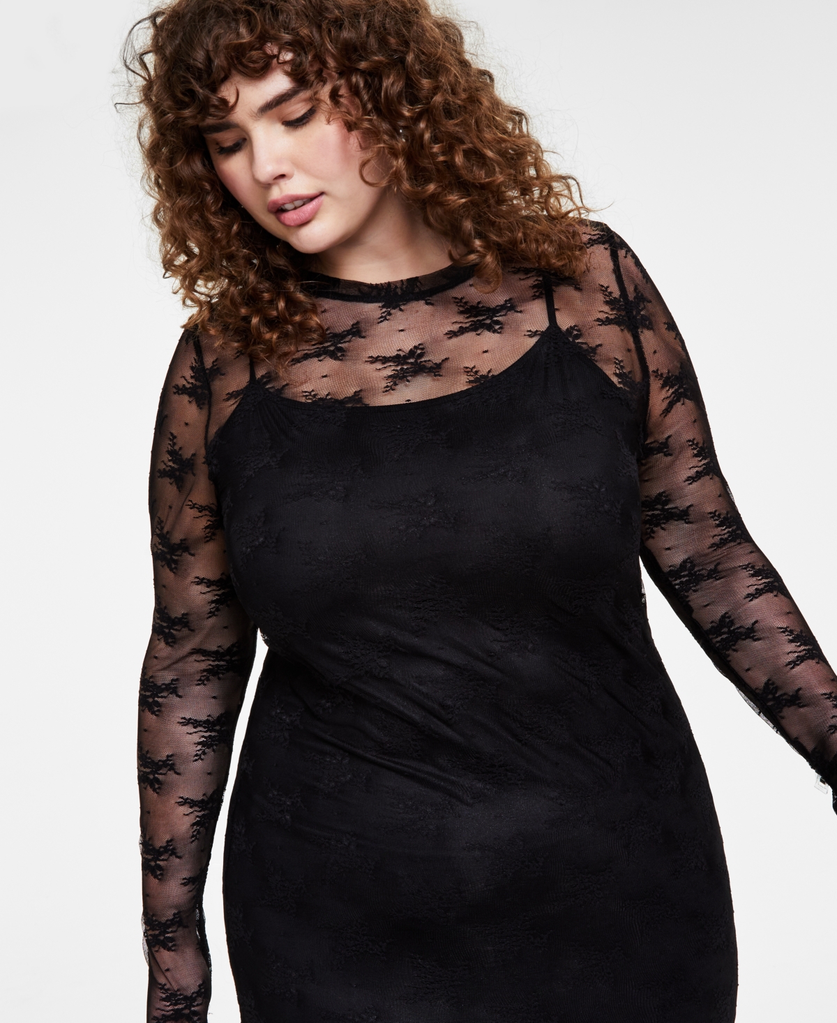 Bar Iii Trendy Plus Size Lace Long-Sleeve Midi Dress, Created for Macy's