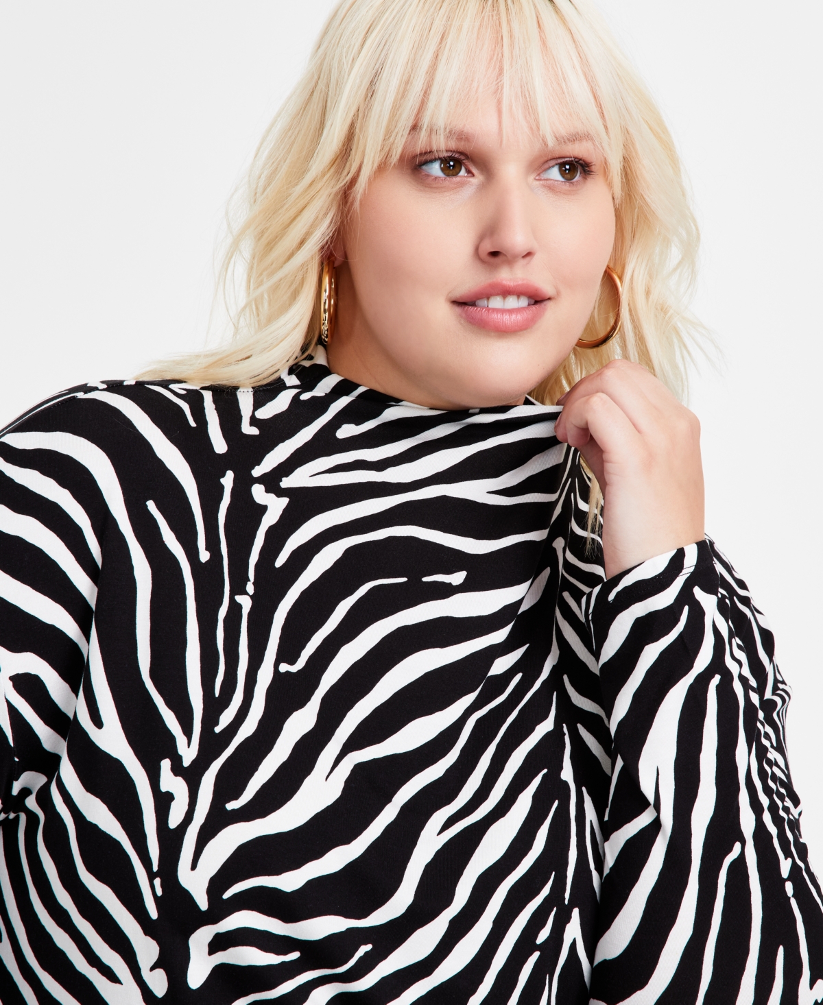 Bar Iii Trendy Plus SizePrint Mock Neck Blouson Knit Top, Created for Macy's - Zebra