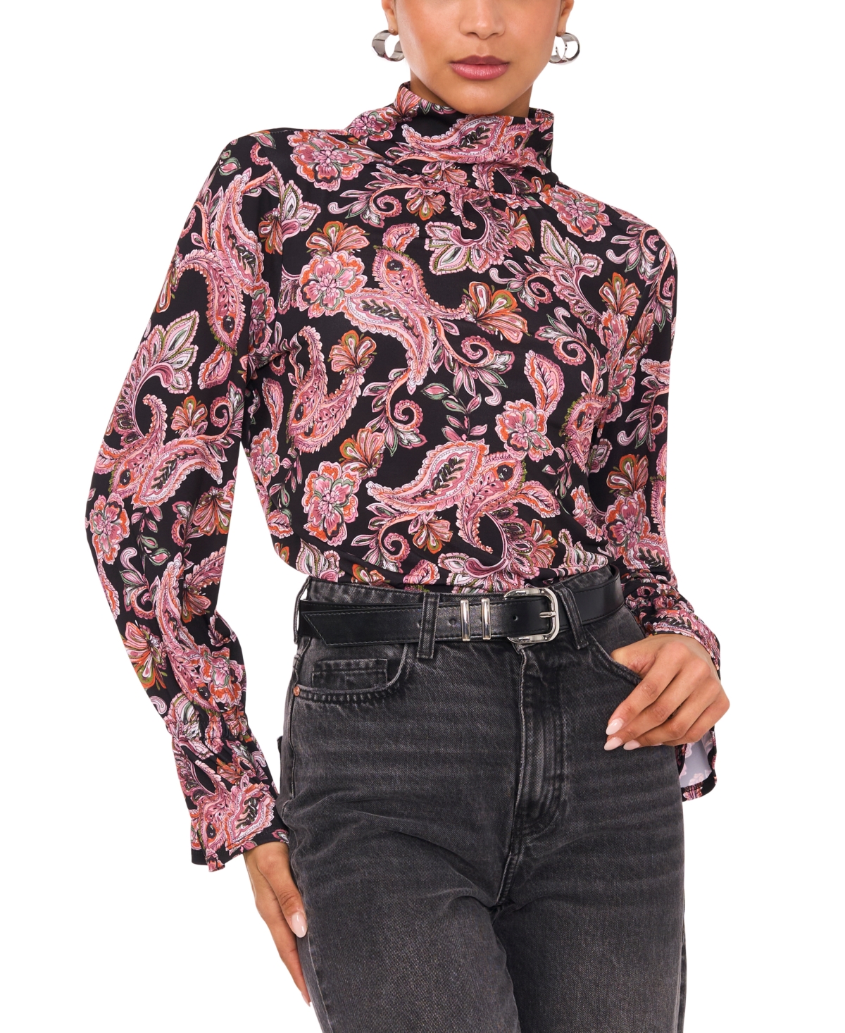 Women's Printed Long-Sleeve Open-Back Blouse - Rich Black