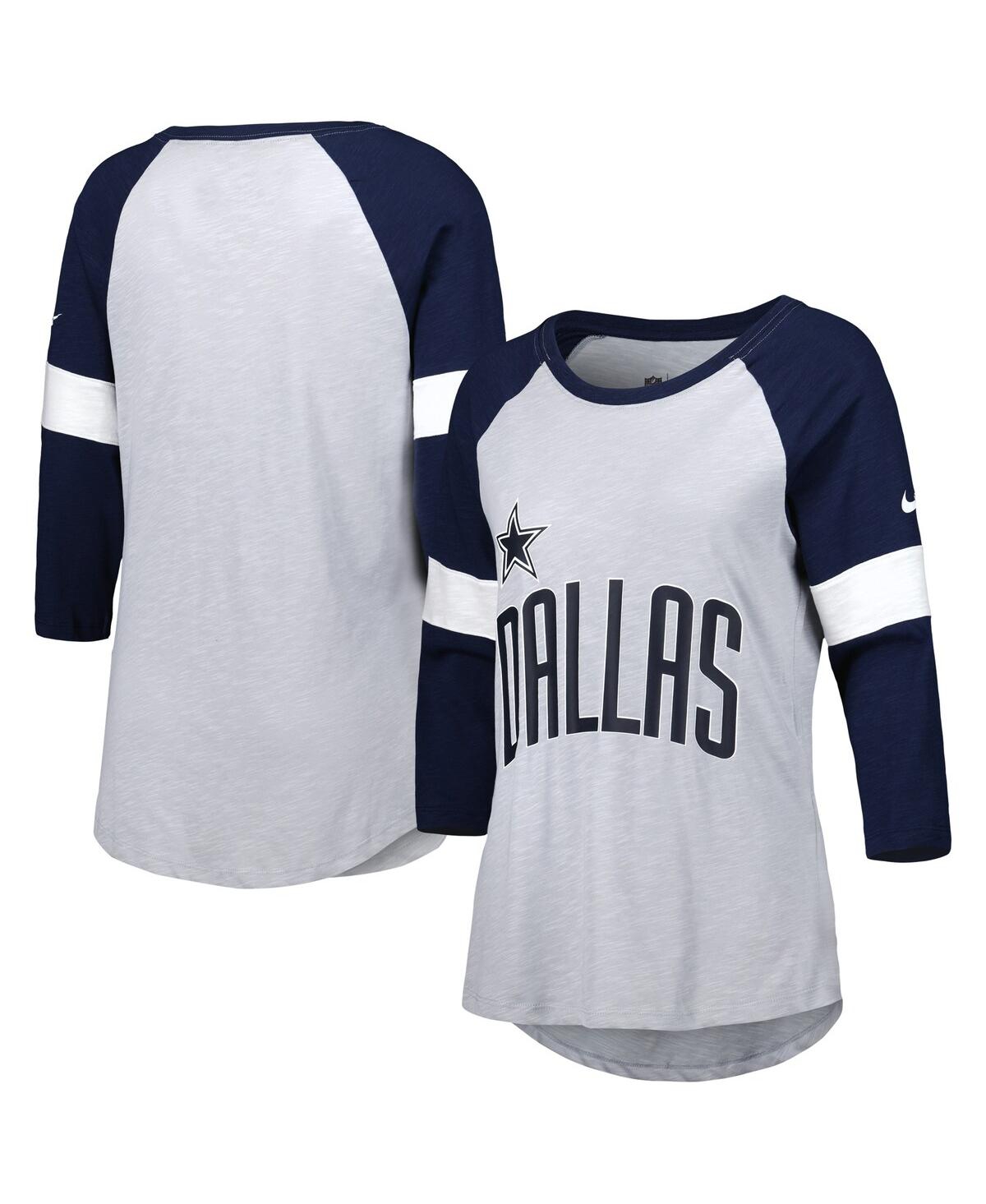 Nike Women's Dallas Cowboys Heather Gray/navy Football Pride Raglan 3/4-sleeve T-shirt In Heather Gray