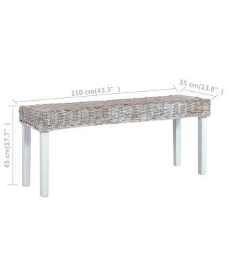 Bench 43.3" White Natural Kubu Rattan and Solid Mango Wood