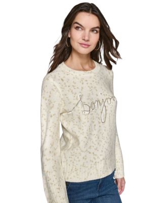 KARL LAGERFELD PARIS - Women's Metallic Fringe Bonjour Graphic Sweater