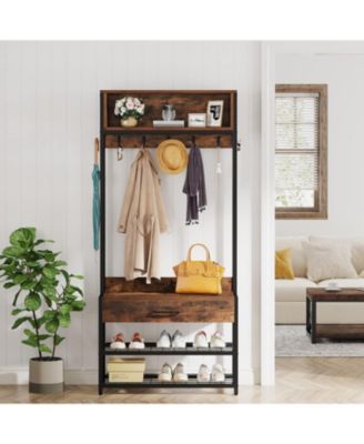3-in-1 Entryway Hall Tree – Industrial Coat Rack with Shoe Bench, Drawer, Hutch & 9 Hooks for Bedroom or Living Room