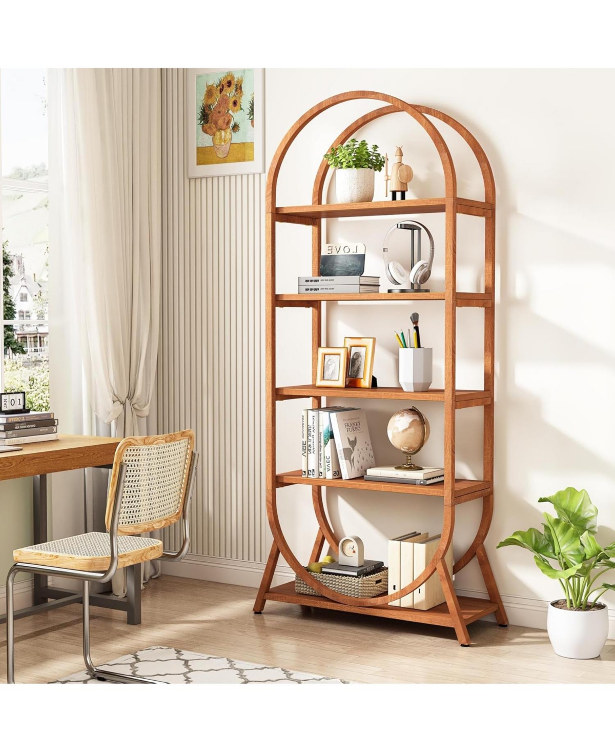 Tribesigns 5-Tier Open Bookshelf, Tall Arched Bookcase, Modern Brown Storage Bookshelves, Freestanding Display Rack Shelving Unit for Office, Be