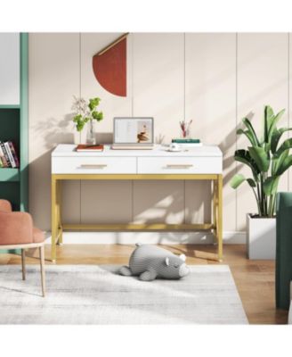White & Gold Computer Desk with Drawers Modern Vanity & Writing Table with Storage for Home Office or Bedroom