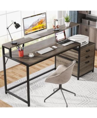 63 Inch Computer Desk with File Drawer Cabinet, Ergonomic Office Desk with Monitor Stand, Workstation Desk