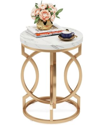 Round End Table, Multifunctional Accent Table Small Side Table for Living Room, Modern White Gold Nightstand with Faux Marble Tabletop, Bedside Table for Bedroom (1 PC)