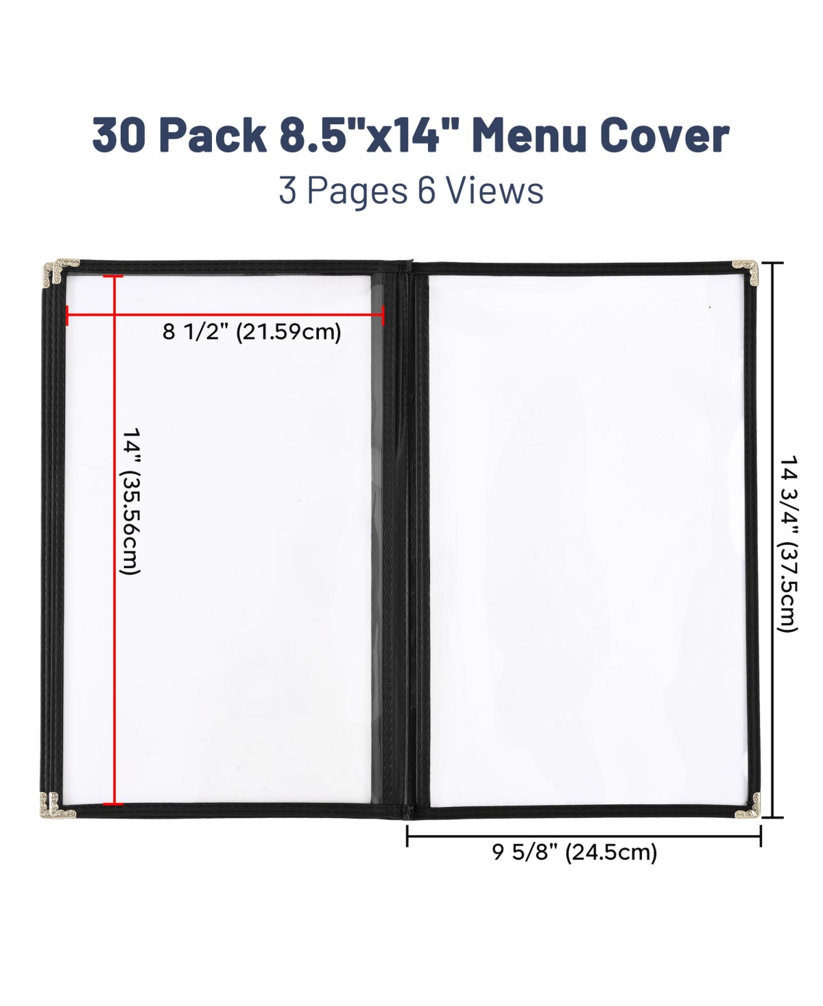 Yescom 30pc 8.5x14 Menu Cover Trifold 6 View 3 Page Restaurant Cafe Book Clear Black