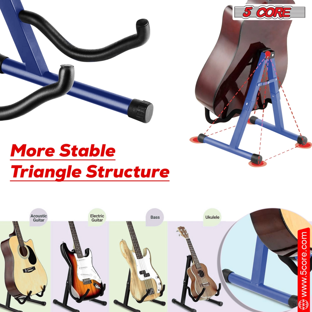 5 Core Guitar Stand Floor A Frame Adjustable Folding Holder With Rubber Feet Heavy Duty Electric Acoustic Bass Cello Stands Pair -- Blue