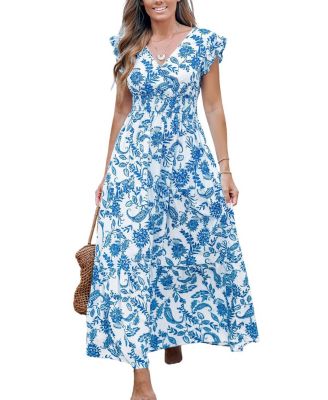 Cupshe Women's Blue & White Floral Flutter Sleeve Maxi Beach Dress - Macy's