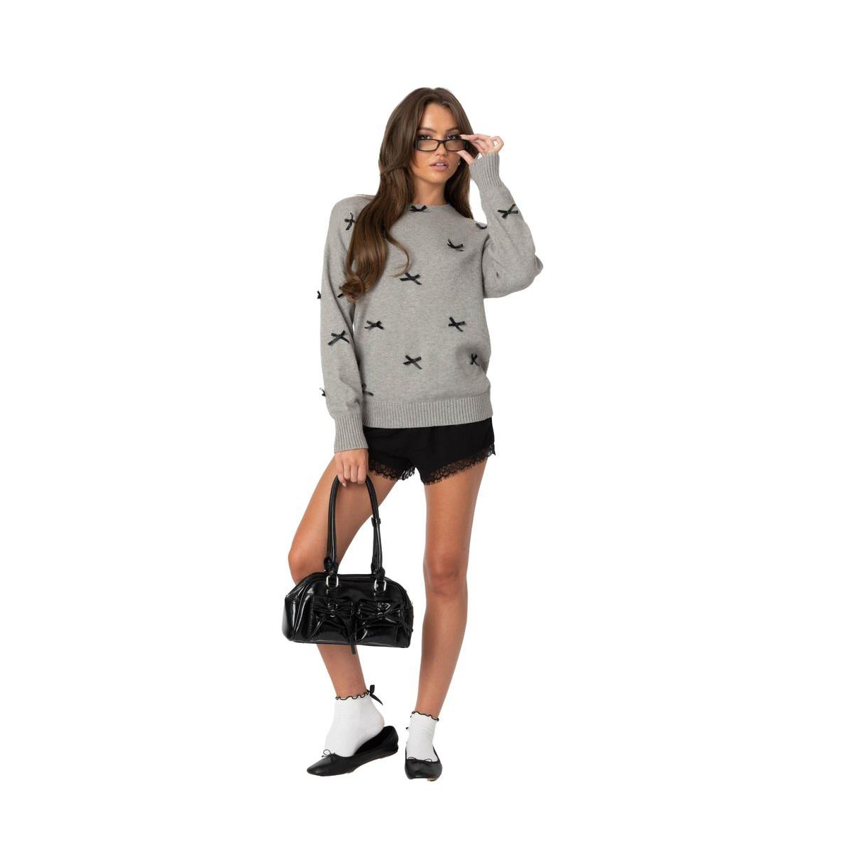 Edikted Women's Satin Bow Oversized Sweater - Gray-melange