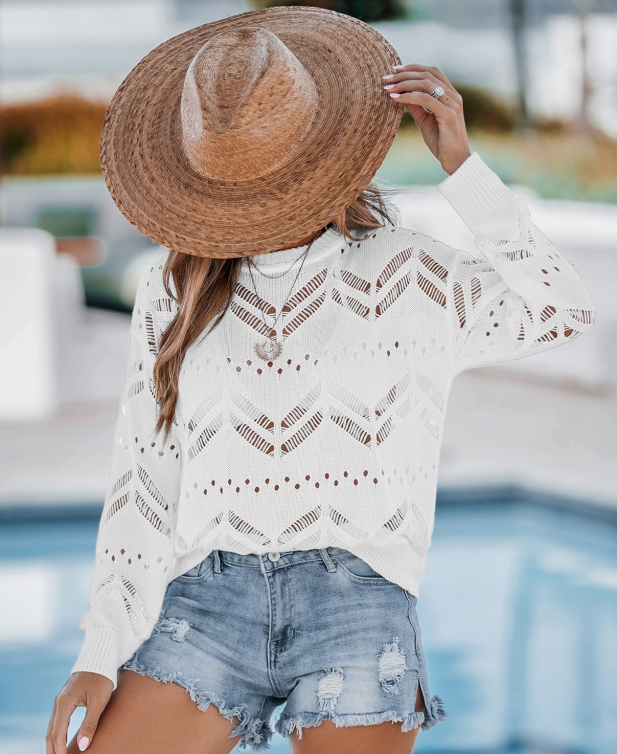Cupshe Women'sCutout Knit Round Neck Long Sleeve Cover-Up - White
