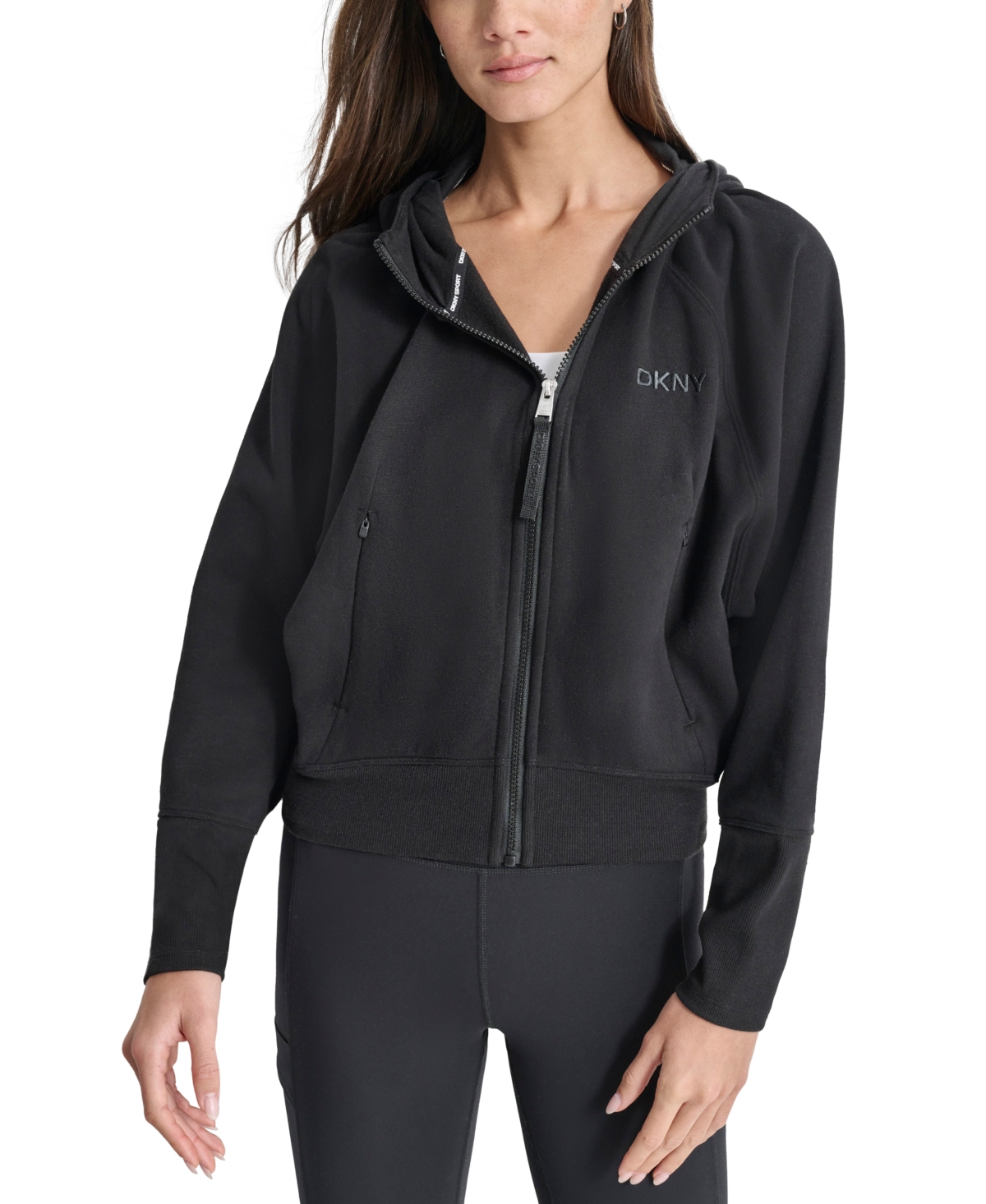 Women's Embroidered-Logo Cropped Zip-Front Fleece Hoodie - Black