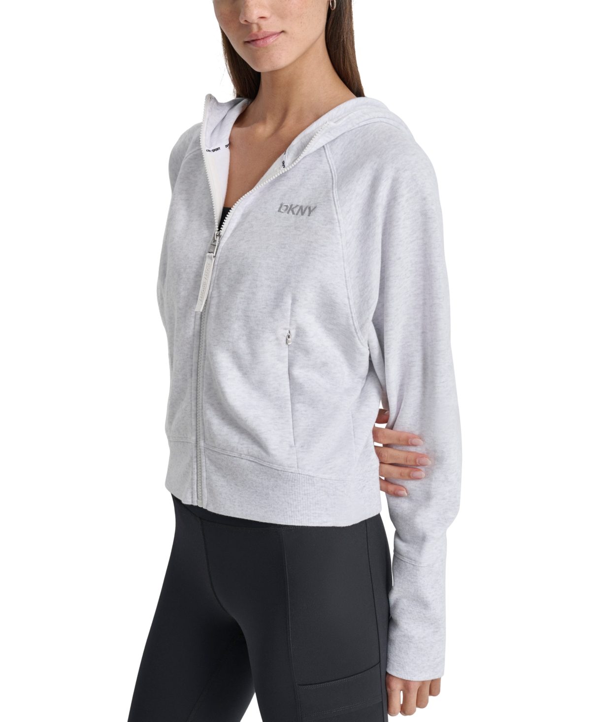 Dkny Women's Embroidered-Logo Cropped Zip-Front Fleece Hoodie